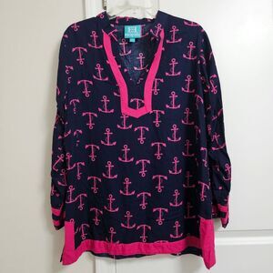 ESCAPADA Navy Pink Nautical Anchor Print Holly Tunic Top Women's Large V-Neck